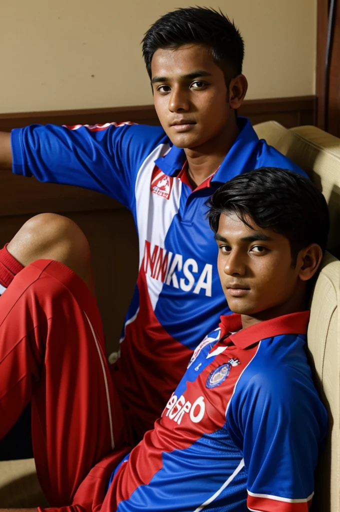 teenage boy sitting in his room and watching nepal cricket match on TV. The boy is wearing an nepal jersey with lalit 25 name with on it