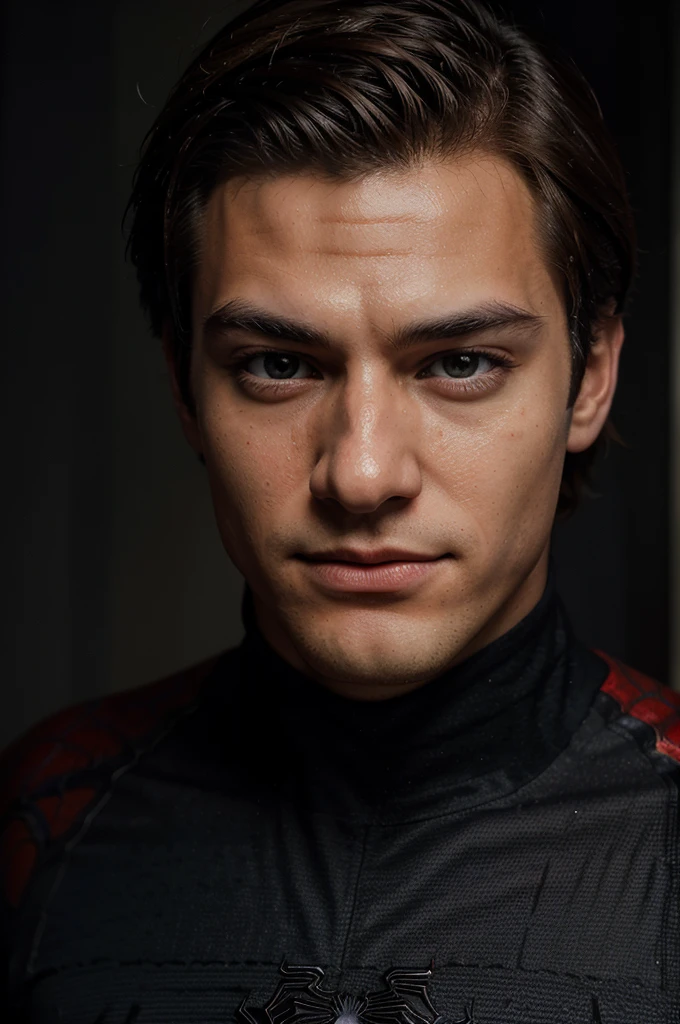 A photograph of spider man, no mask, 20 yo, handsome, detailed face, looking at camera, portrait, 8k uhd, high quality
