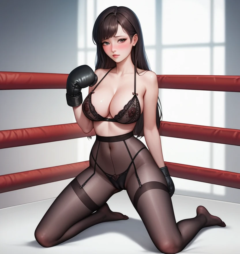 korean beautifull girl,18 years old,Pretty Face,Good shape,detailed picture, Shy expression, blush,White long hair, Wearing sexy lingerie,Wear black pantyhose, Wearing black boxing gloves, Kneeling in a sexy pose on the boxing ring,Large Breasts,Cleavage,Long legs,Thin waist,nipple,Camel toe