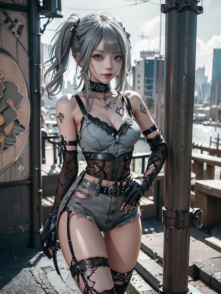 (Full Body View:1.3)、(Side view:1.1)、(Wearing a thong:1.4)、(Accentuate your butt:1.3)、(Smiling with teeth showing:1.3),(Shibuya Gal:1.5)、(Neo-goth style fashion:1.5)、(Punk RockVisual Kei:1.4)、(A high-leg bodysuit in a delicate design of denim, silver and black:1.5)、(Denim, black gloves and sailor shirt:1.5)、(Denim high heels:1.3)、(Wearing silver accessories:1.5)、(Denim collar:1.4)、(Black Leather Garter Belt:1.4)、(Brown Skin Belt:1.3)、(Black lace underwear:1.5)、20-year-old、NSFW、((Highest quality、In 8K、masterpiece:1.3))、Sharp focus:1.2、(Layered Cut、Huge boobs:1.1),Beautiful woman with perfect figure:1.4、(Dancing vigorously:1.3)、Slender Abs:1.2、Highly detailed face and skin texture、Detailed eyes、double eyelid,(Twin tails:1.3)、(Grey colored hair:1.3)、Gravure idol、(The Caribbean cityscape in the background:1.3)、(Slim body:1.3),(Make your legs thinner:1.4),(clavicle:1.1)