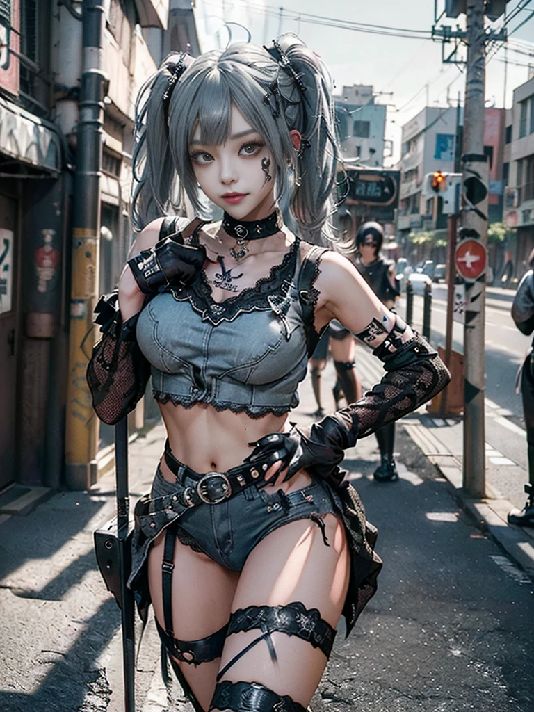 (Full Body View:1.3)、(Side view:1.1)、(Wearing a thong:1.4)、(Accentuate your butt:1.3)、(Smiling with teeth showing:1.3),(Shibuya Gal:1.5)、(Neo-goth style fashion:1.5)、(Punk RockVisual Kei:1.4)、(A high-leg bodysuit in a delicate design of denim, silver and black:1.5)、(Denim, black gloves and sailor shirt:1.5)、(Denim high heels:1.3)、(Wearing silver accessories:1.5)、(Denim collar:1.4)、(Black Leather Garter Belt:1.4)、(Brown Skin Belt:1.3)、(Black lace underwear:1.5)、20-year-old、NSFW、((Highest quality、In 8K、masterpiece:1.3))、Sharp focus:1.2、(Layered Cut、Huge boobs:1.1),Beautiful woman with perfect figure:1.4、(Dancing vigorously:1.3)、Slender Abs:1.2、Highly detailed face and skin texture、Detailed eyes、double eyelid,(Twin tails:1.3)、(Grey colored hair:1.3)、Gravure idol、(The Caribbean cityscape in the background:1.3)、(Slim body:1.3),(Make your legs thinner:1.4),(clavicle:1.1)