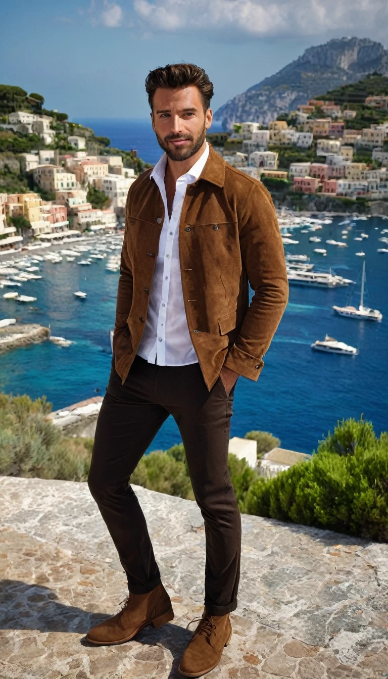 A 35 year old man, with black pants,White social shirt, italian background, hands in pocket, a brown Jacket with a collar and buttons, brown Jacket, Clothes, very aesthetic Jacket, Clothes y botas, brown Jacket,Jacket, short brown Jacket, brown Jacket with long sleeves, and suede, Jackets, brown Clothes, Jerkin, Clothes occidental, brown shirt, fotografía de Clothes ,amazing italian background, 4k, realist ,Boats are docked in the water near a village on a hill., italian Mediterranean city, Mediterranean island landscape, Italy, Paisaje del sur de EuClothes, gulf of Naples, beautiful italian beach scene, Mediterranean city, Capri coast, fantasy Italy, Naples, Mediterranean, beautiful lugar, Mediterranean vista, beautiful, incredibly pretty, a stranger, beautiful high resolution, Happy Italian beach scene, imposing