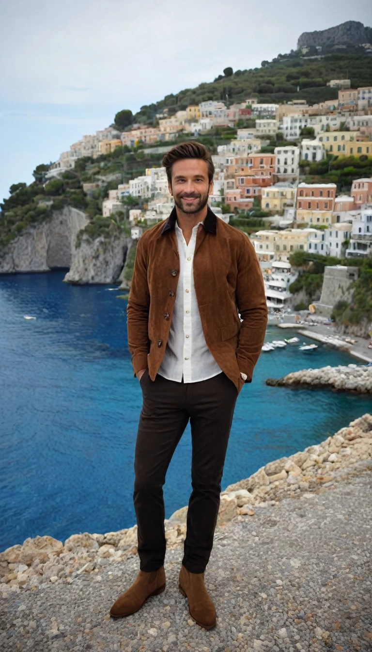 A 35 year old man, with black pants,White social shirt, italian background, hands in pocket, a brown Jacket with a collar and buttons, brown Jacket, Clothes, very aesthetic Jacket, Clothes y botas, brown Jacket,Jacket, short brown Jacket, brown Jacket with long sleeves, and suede, Jackets, brown Clothes, Jerkin, Clothes occidental, brown shirt, fotografía de Clothes ,amazing italian background, 4k, realist ,Boats are docked in the water near a village on a hill., italian Mediterranean city, Mediterranean island landscape, Italy, Paisaje del sur de EuClothes, gulf of Naples, beautiful italian beach scene, Mediterranean city, Capri coast, fantasy Italy, Naples, Mediterranean, beautiful lugar, Mediterranean vista, beautiful, incredibly pretty, a stranger, beautiful high resolution, Happy Italian beach scene, imposing