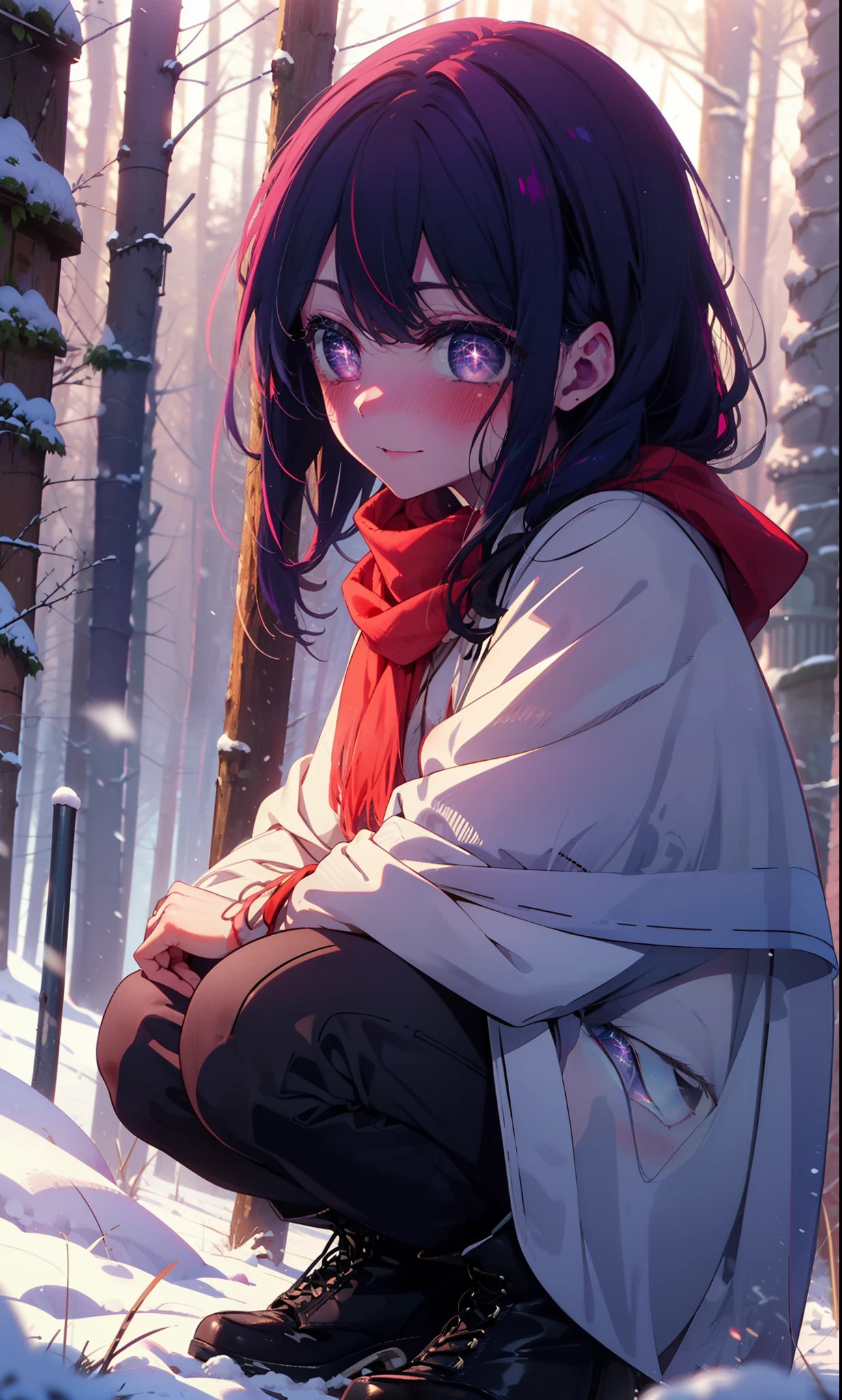 aihoshino, Ai Hoshino, Long Hair, bangs, (Purple eyes:1.1), Purple Hair, (Symbol-shaped pupil:1.5), smile,,smile,blush,White Breath,
Open your mouth,snow,Ground bonfire, Outdoor, boots, snowing, From the side, wood, suitcase, Cape, Blurred, , forest, White handbag, nature, Squat, Mouth closed, Cape, winter, Written boundary depth, Black shoes, red Cape break looking at viewer, Upper Body, whole body, break Outdoor, forest, nature, break (masterpiece:1.2), Highest quality, High resolution, unity 8k wallpaper, (shape:0.8), (Beautiful and beautiful eyes:1.6), Highly detailed face, Perfect lighting, Extremely detailed CG, (Perfect hands, Perfect Anatomy),