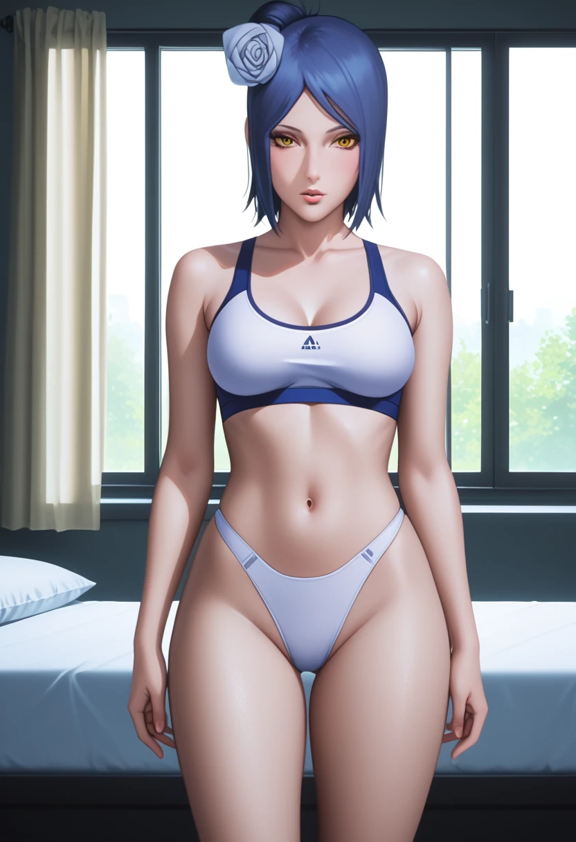 score_9_up, score_8_up, score_7_up, 1girl, solo, mature female,((Konan)), ((blue short hair, white rose on her head)), yellow eyes, red lips, parted lips, fit slim body,(((perfect erected medium breast))) (((white sport bra, white tight sport thong,))), (((highly detailed bedroom, window, bed))), perfect fit model body, seductive pose