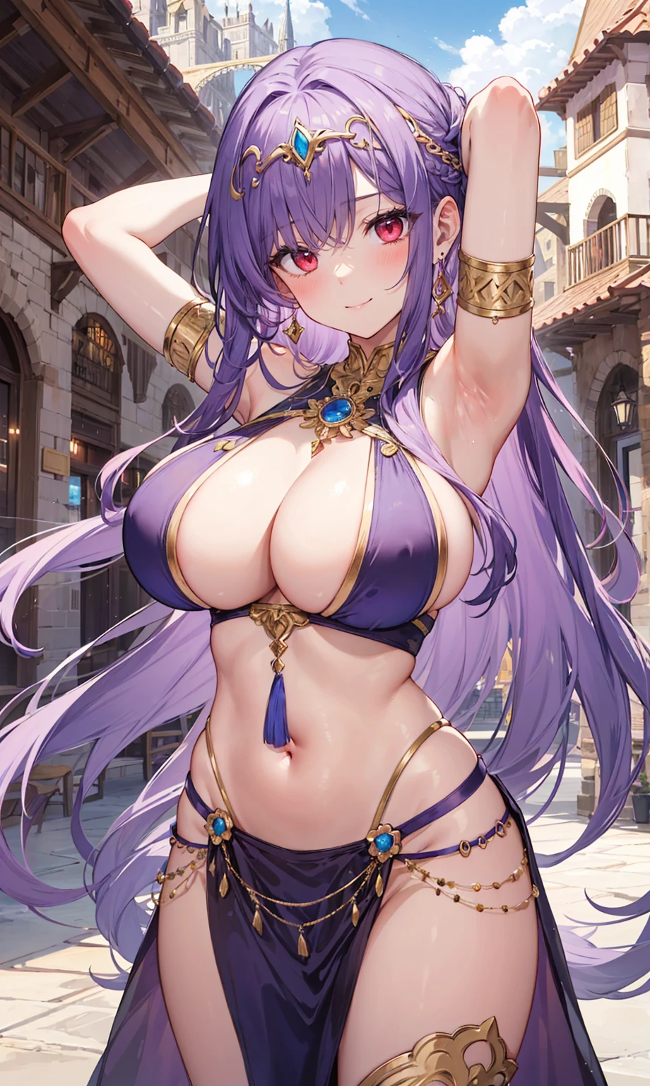 high quality, ultra detailed, best quality, insanely detailed, beautiful, masterpiece, 1girl, medieval plaza, cowboy shot, red eyes, long hair, purple hair, belly dancer, circlet, earrings, armlets, bracelets, bashful smile, large breasts, cleavage, soft stomach