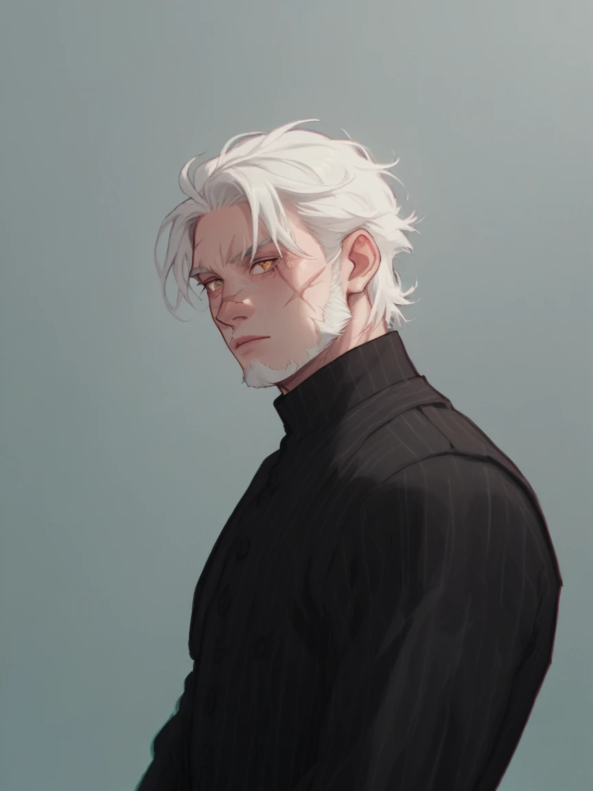 score_9, score_8_up, score_7_up, score_6_up, score_5_up, score_4_up, 1 young boy, ju1ch3, white hair, beard, scar on left eye, male black suit, dark blurry door on background