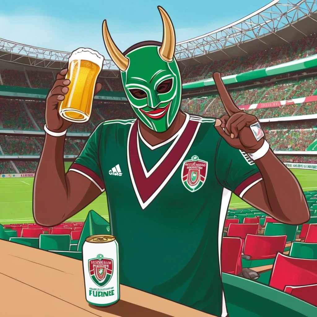 Drawing The mask, with gun in hand, Drinking beer, Fluminense clothes, drawning no estádio de futebol, drawning.