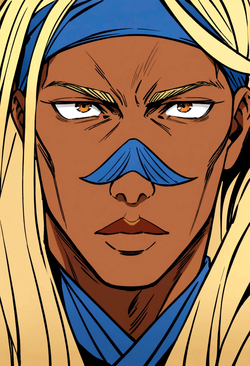 Japanese tan boy blonde shoulder length hair jujutsu kaisen art style. Gege akutami art style, blue bandana, , brown skin,