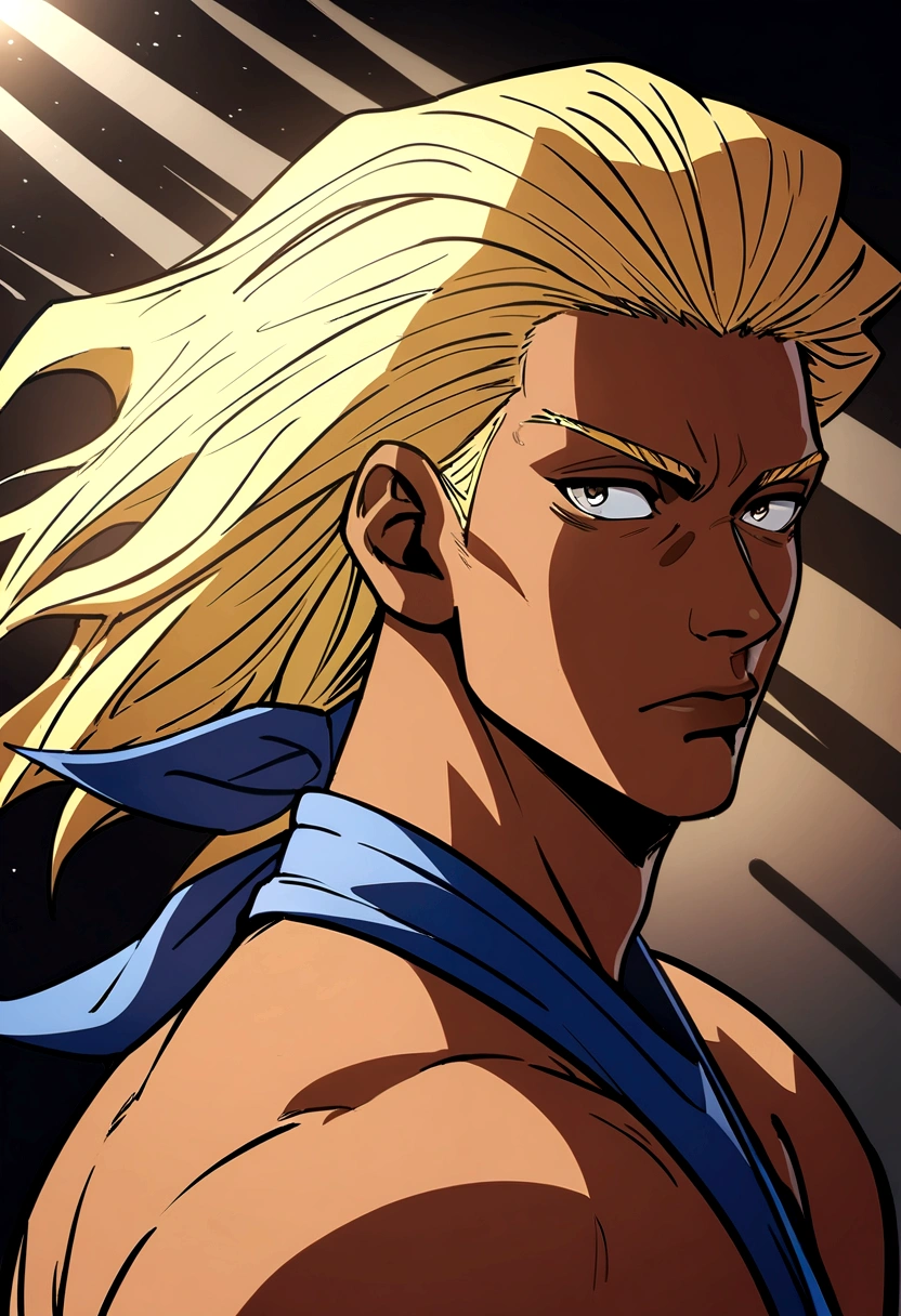 Japanese tan boy blonde shoulder length hair jujutsu kaisen art style. Gege akutami art style, blue bandana, , brown skin,