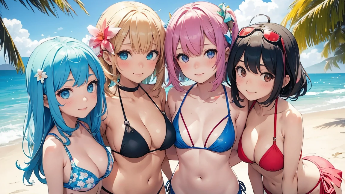4 girls in beach, 2 girls furrys, 2 humans girls, sexy ini, random bikini colours, perfect body, lolicoon grandes tetas bodys. smile, random eyes colours, random hair colours.