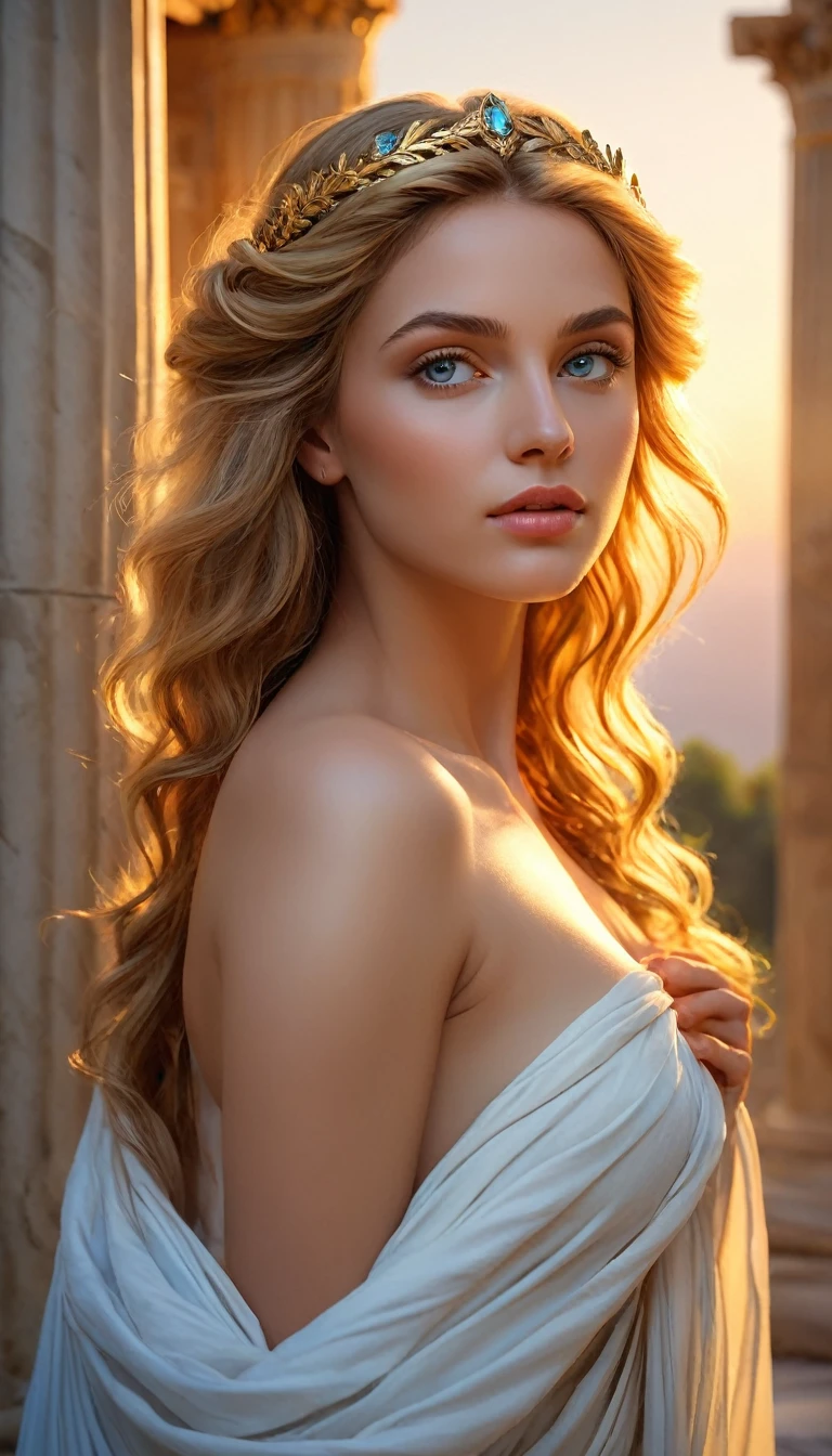 (best quality,4k,8k,highres,masterpiece:1.2), ultra-detailed, (realistic,photorealistic,photo-realistic:1.37), portraits, HDR, Greek mythology, beautiful goddess Venus portrait, perfect DNA, detailed eyes, detailed lips, stunning beauty, flowing golden hair, nude, perfect body, perfect nude, graceful pose, enchanting gaze, vibrant colors, soft lighting.(NSFW:1.4) ancient Greek deity, gazes directly into the camera's lens, flowing hair cascades over her shoulders, off-the-shoulder attire accentuating her grace, vivid colors, ancient temples and marble columns softly blurred in background, late afternoon Mediterranean light casting a warm glow on her porcelain skin, high-resolution image, digital painting, spiritual serenity, golden ratio composition.