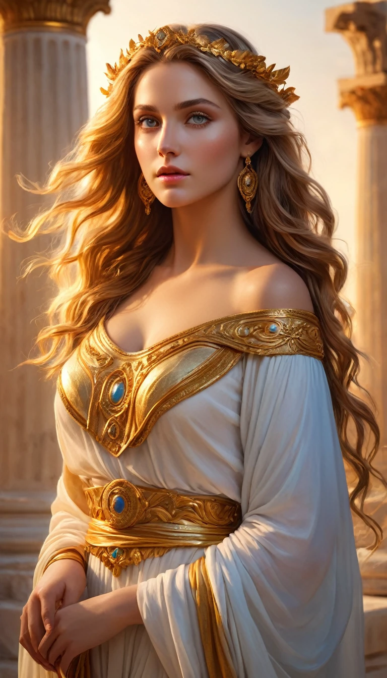 (best quality,4k,8k,highres,masterpiece:1.2), ultra-detailed, (realistic,photorealistic,photo-realistic:1.37), portraits, HDR, Greek mythology, beautiful goddess Venus portrait, perfect DNA, detailed eyes, detailed lips, stunning beauty, flowing golden hair, nude, perfect body, perfect nude, graceful pose, enchanting gaze, vibrant colors, soft lighting.(NSFW:1.4) ancient Greek deity, gazes directly into the camera's lens, flowing hair cascades over her shoulders, off-the-shoulder attire accentuating her grace, vivid colors, ancient temples and marble columns softly blurred in background, late afternoon Mediterranean light casting a warm glow on her porcelain skin, high-resolution image, digital painting, spiritual serenity, golden ratio composition.