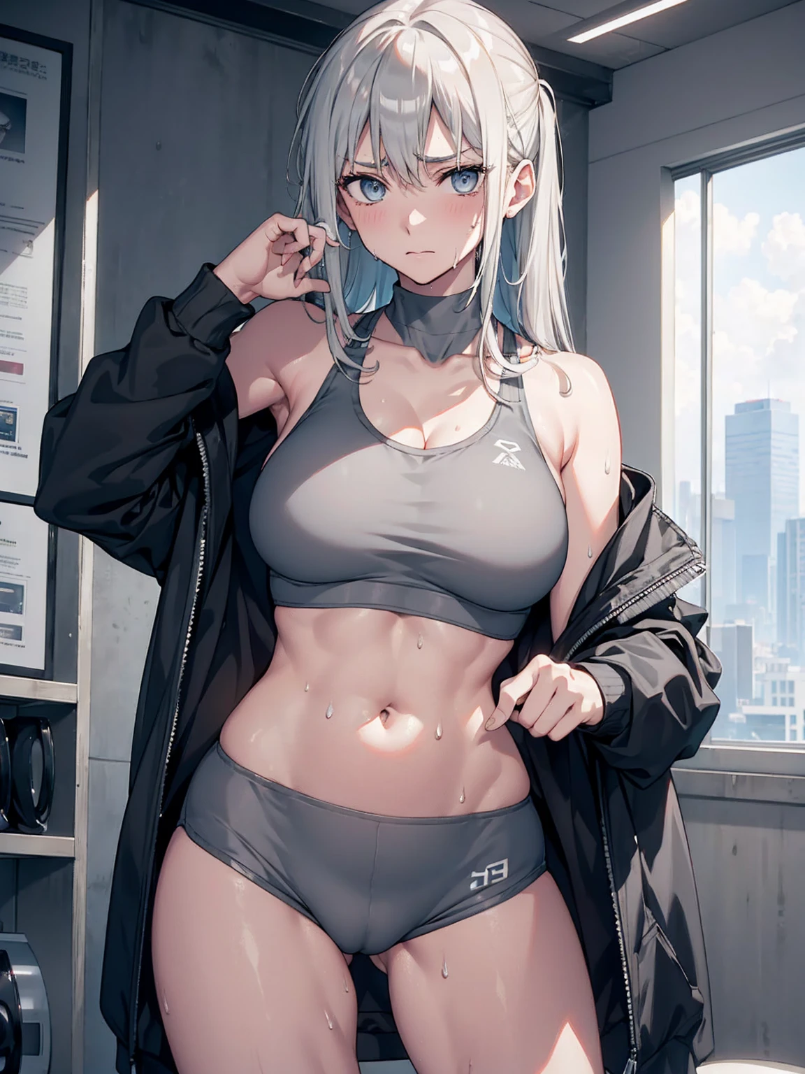 （Sweat, White skin:1.5、Light gray sports bra, Black stained clothing:1.5）, cameltoe, Brand logo on the bra, Fitness, Bodybuilding Poses, ((ブラにSweat染み:1.5, Sweatで濡れている, Sweat染み, Wet grey sports bra))
