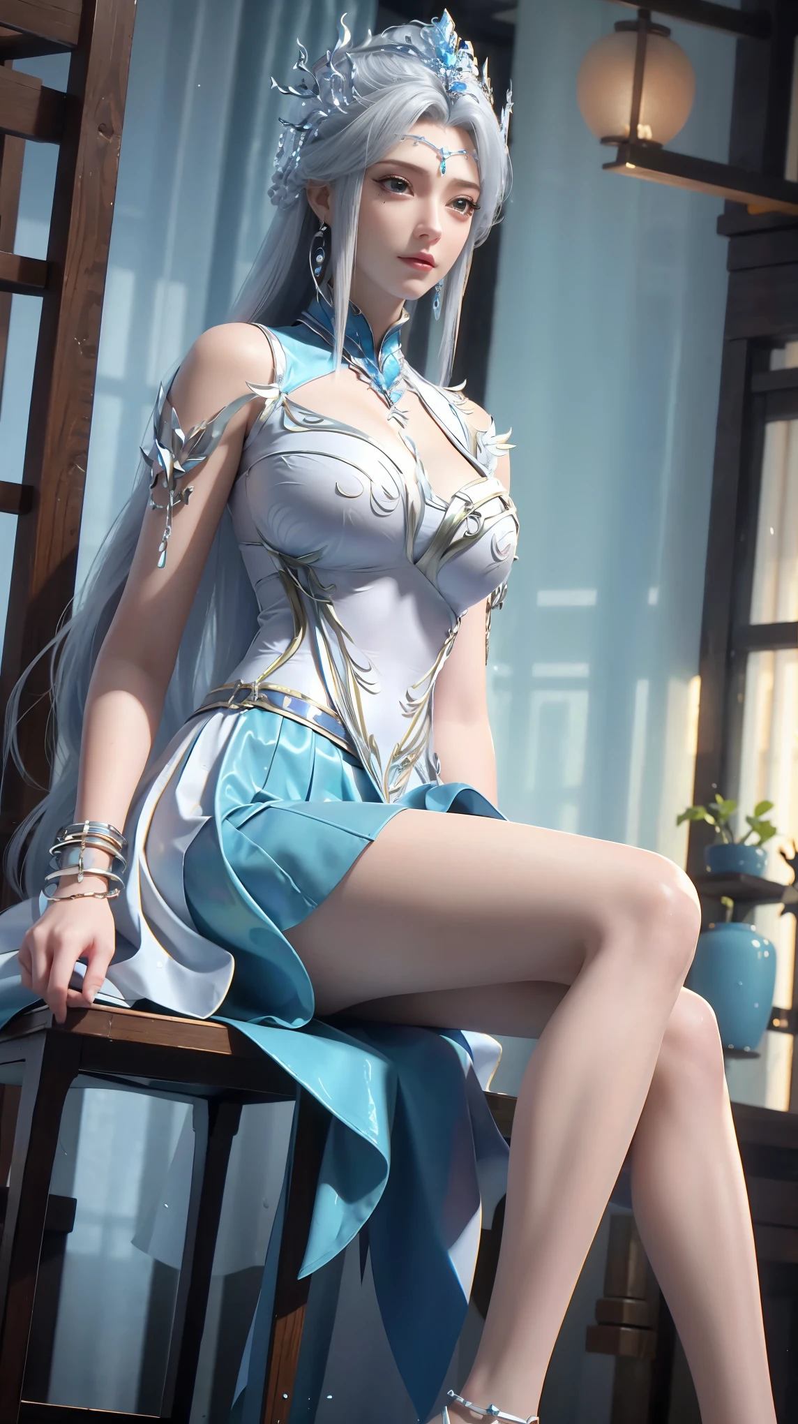 masterpiece, best quality, tthl, 1 Girl, 16 years old, Solitary, Long hair:1.2, Large Breasts,, Hair accessories, skirt, Bare shoulders, Jewelry, Alternative clothing, bracelet, ear rings, 长skirt, 蕾丝skirt, bracelet, barefoot, 细barefoot, Charming smile,Cross your legs, Sitting in the bathtub, indoors, From below，camisole，Wet all over，Water Magic，Wet