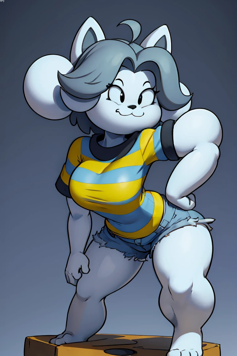 Temmie, cartoon character, grey hair, striped shirt, jean shorts, tall, black spot on eye, detailed, giant, delkz face, 4k, 8k, Front perspective, hands behind, big smile. Simple pose, simple pose, straight pose, straight pose, straight pose, straight pose straight pose straight pose 