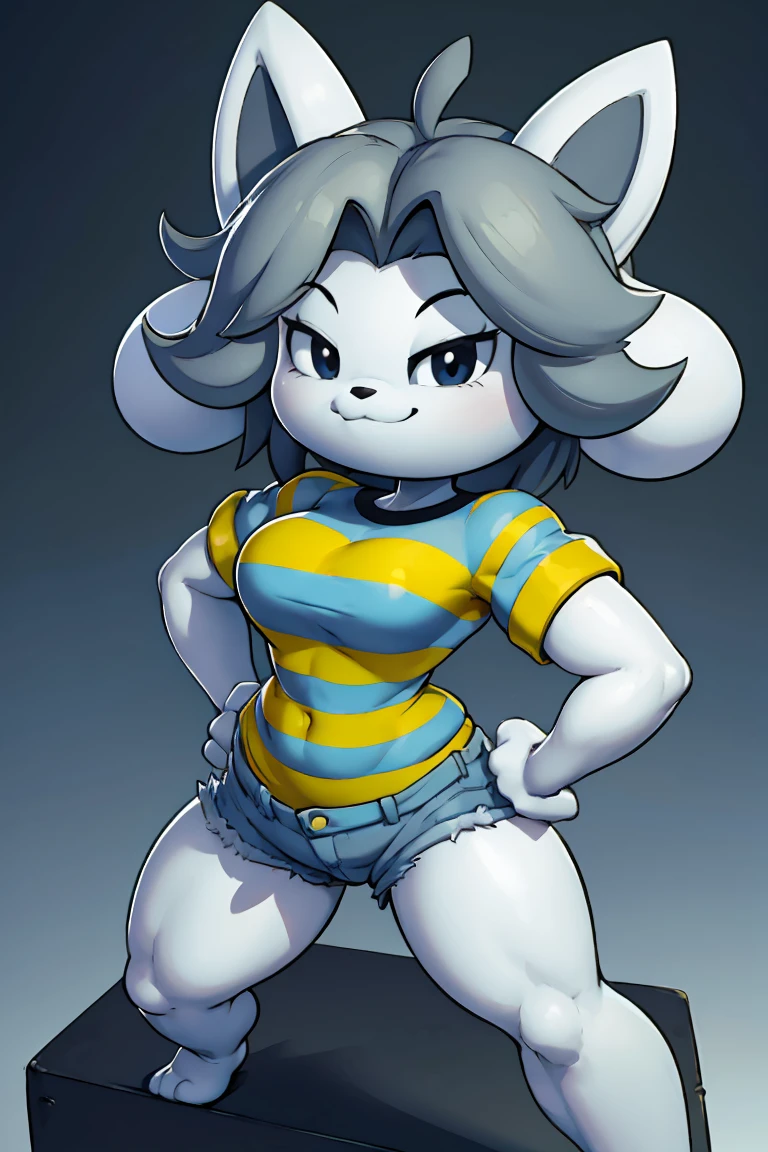 Temmie, cartoon character, grey hair, striped shirt, jean shorts, tall, black spot on eye, detailed, giant, delkz face, 4k, 8k, Front perspective, hands behind, big smile. Simple pose, simple pose, straight pose, straight pose, straight pose, straight pose straight pose straight pose 