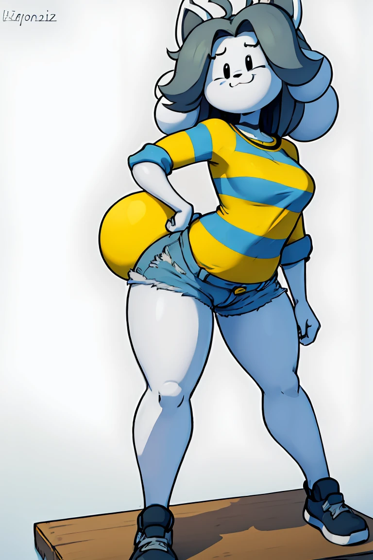 Temmie, cartoon character, grey hair, striped shirt, jean shorts, tall, black spot on eye, detailed, giant, delkz face, 4k, 8k, Front perspective, hands behind, big smile. Simple pose, simple pose, straight pose, straight pose, straight pose, straight pose straight pose straight pose 