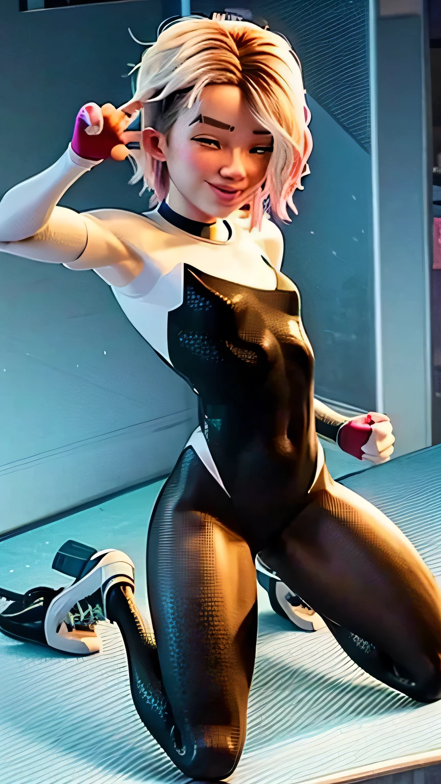 small japanese girl having sex, fucking, one man, penetration, gwen stacy, Fun poses, showing body. Hand, stroking, tigh, groin. Mischivuous. Different colored hair. Tight short t-short and sport small sport shorts. tight figure. Short clothes, low designed tights. Detailed Skin texture. Small, thin, athletic, skin. youthfull, happy. Blushing. Full body. No skirt, spread legs. Smiling.
