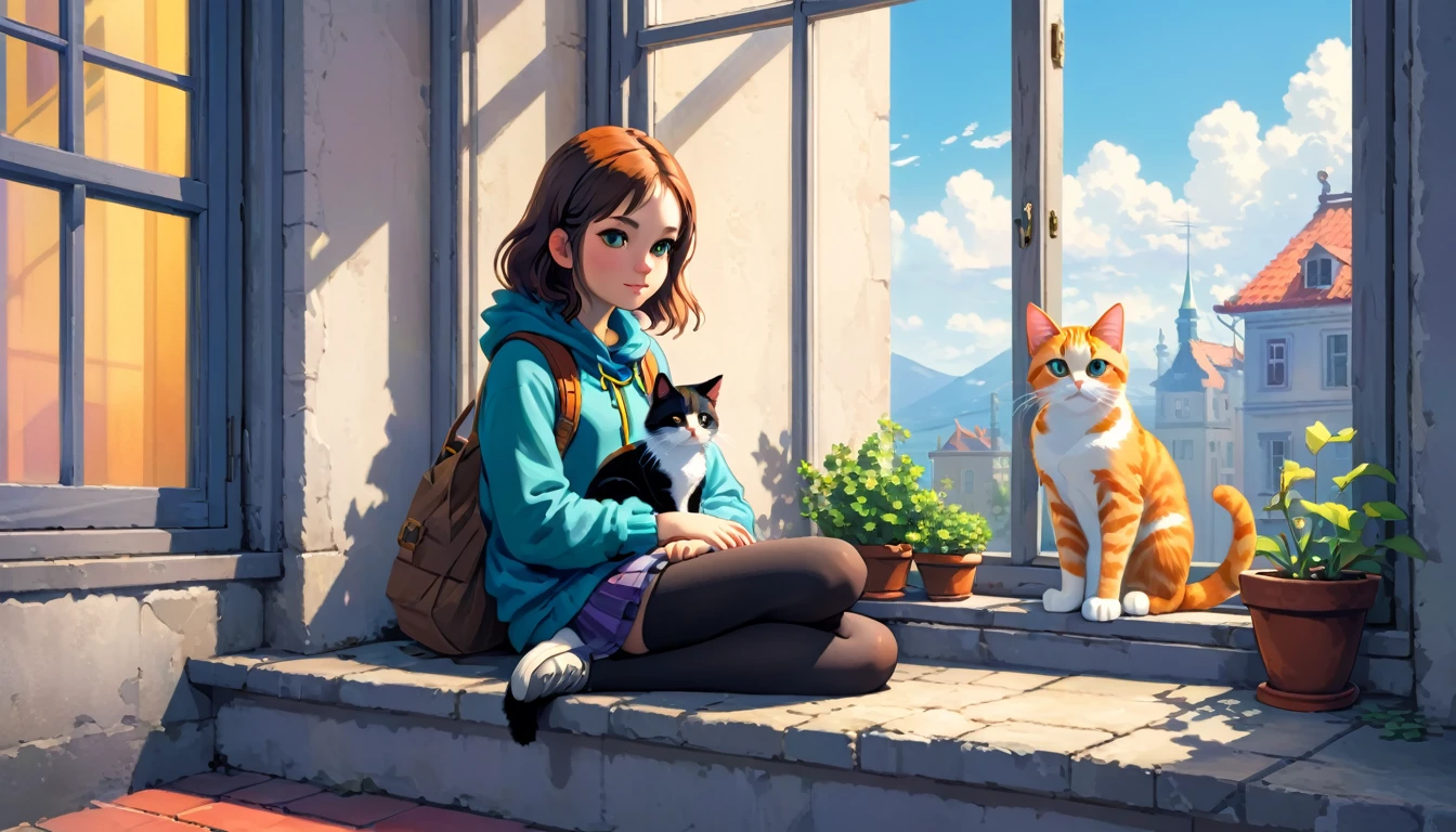 A girl is sitting on a window sill next to a cat, in the style of 2d game art, art academia, study