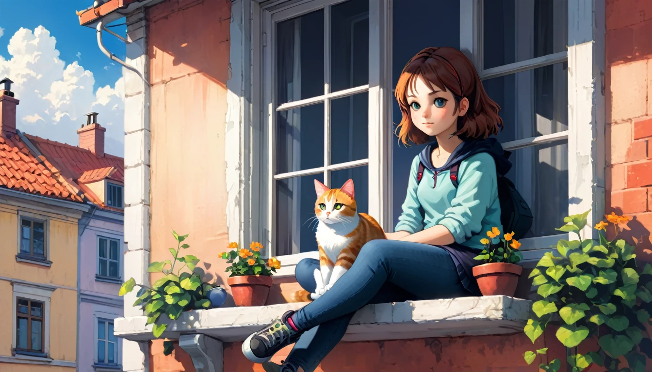 A girl is sitting on a window sill next to a cat, in the style of 2d game art, art academia, study