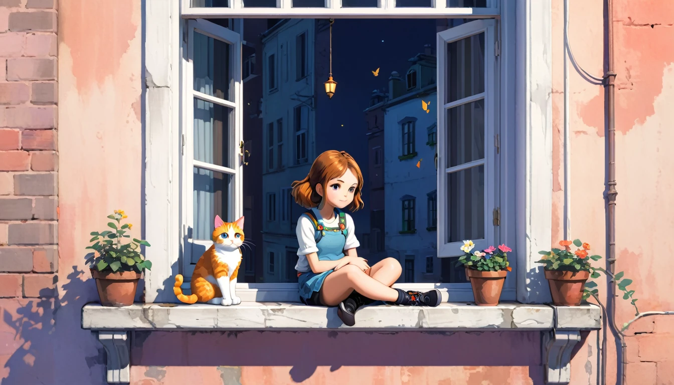 A girl is sitting on a window sill next to a cat, in the style of 2d game art, art academia, study