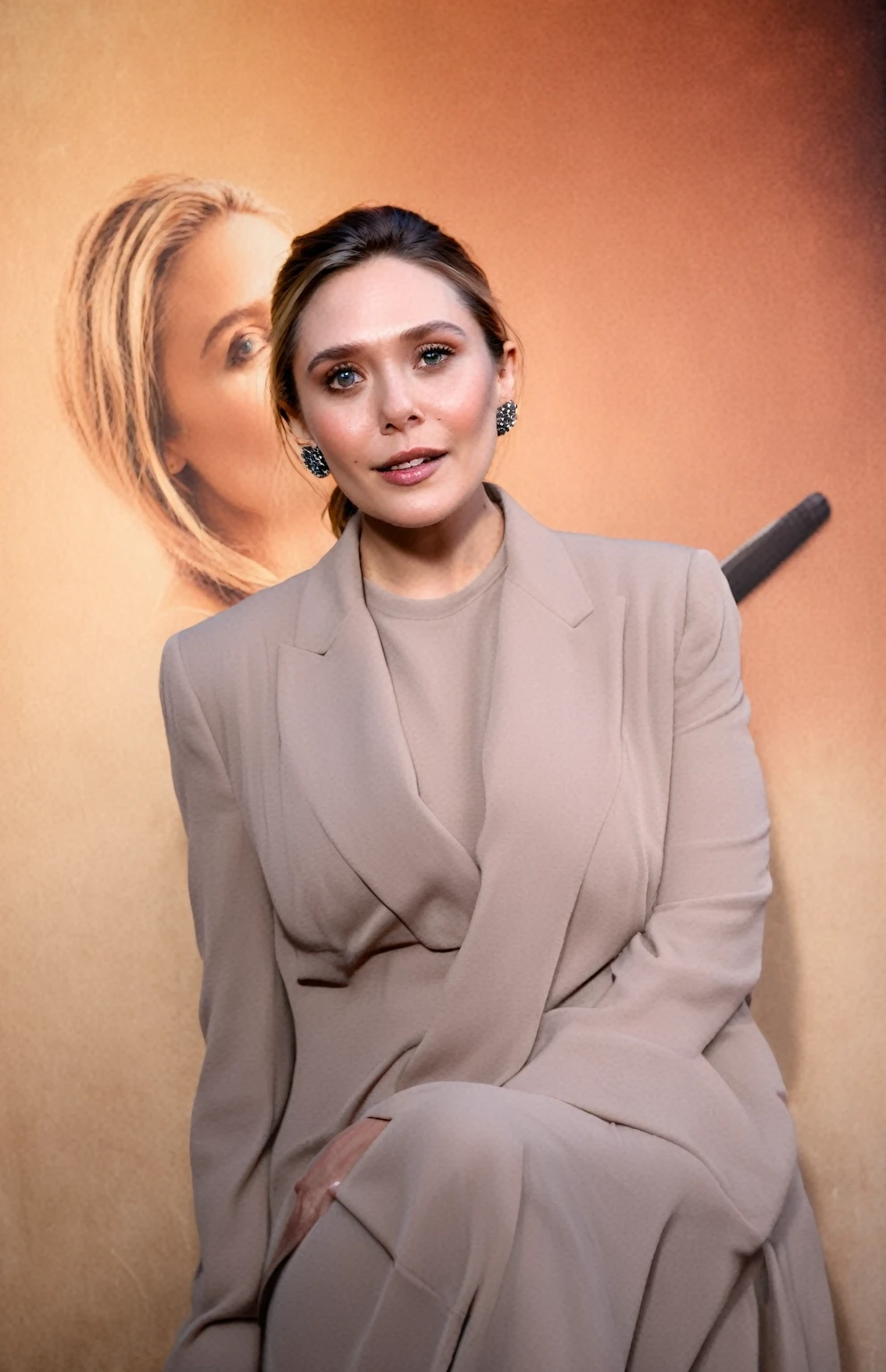 ultra realistic  photograph  of Elizabeth Olsen , sexy woman, 40yo woman, huge breast , ( , hollywood actress , female , woman, realistic babe, celebrity  ), outdoors, high neck Mekhela Chador, ( insanely detailed skin texture , depth of field, detailed eyes, photorealistic )