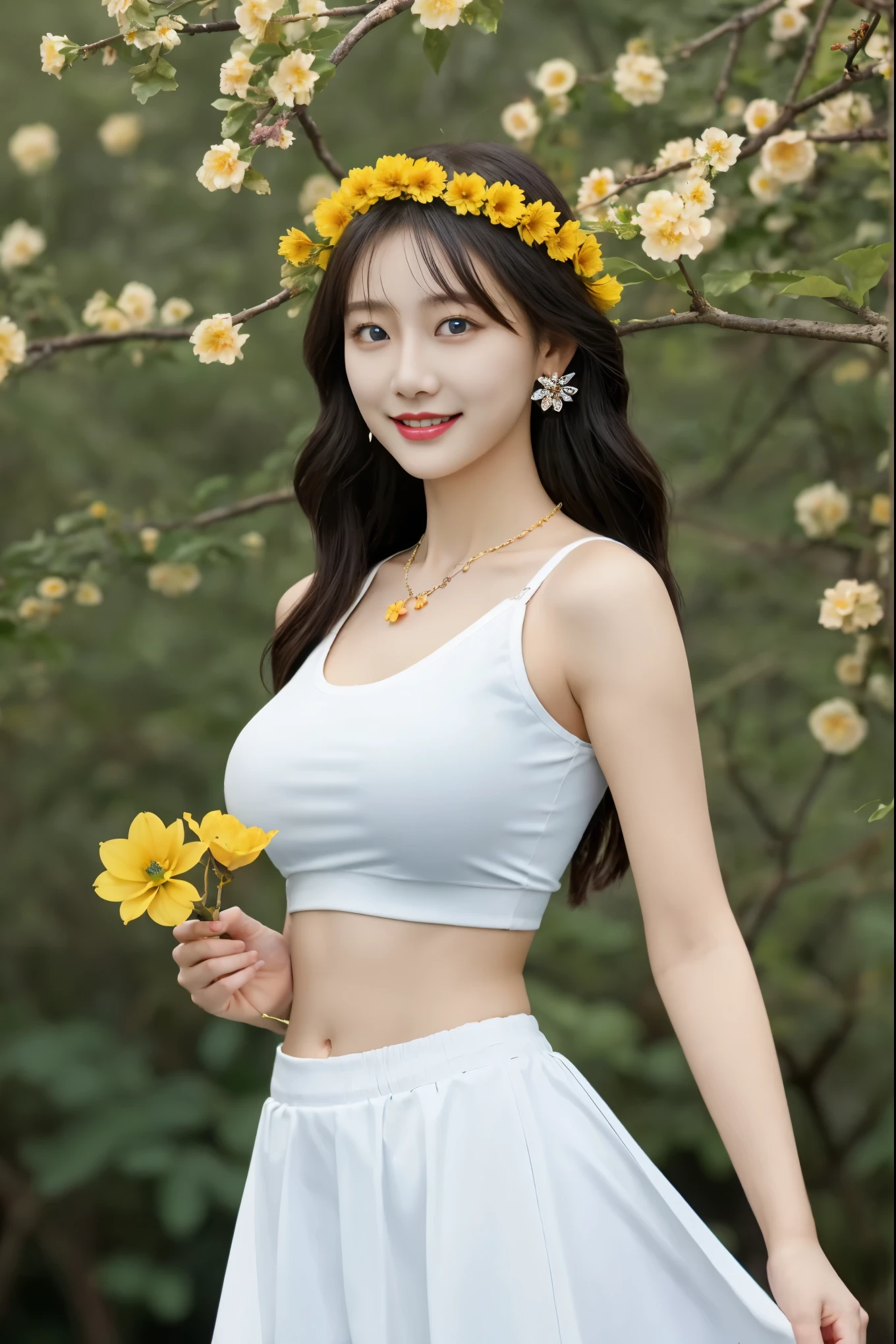 1girl, jewelry, breasts, solo, flower, earrings, holding flower, long hair, black hair, navel, holding, looking at viewer, necklace, skirt, outdoors, smile, realistic, blue eyes, circlet, cowboy shot, yellow flower, white skirt, day, closed mouth, branch