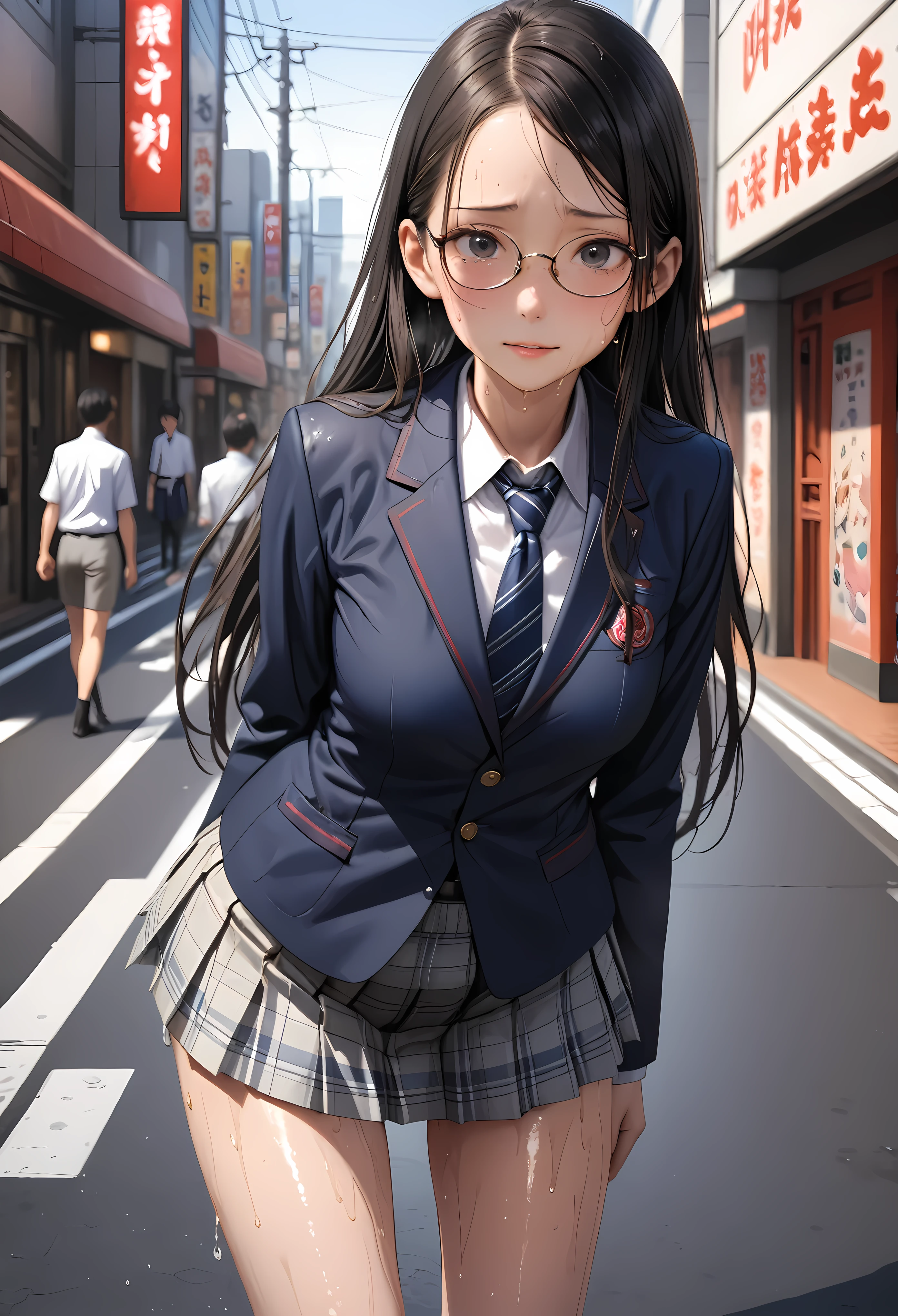 ((masterpiece,Highest quality:1.3,best illustration,realistic)),cowboy shot,1woman、solo,27 year old Japanese beauty,((very small head:1.3)),center parted bangs,forehead,black hair,long hair,black eyes,gorgeous eyes,Black-rimmed glasses,shy,smile,medium breasts,((very long body:1.3)),((toned body,slender body,skinny)),(School uniform、Dark blue blazer jacket、Navy blue tie、Grey plaid pleated mini skirt),gleaming skin,shiny skin,oily skin,sweat,on street,Tokyo、
