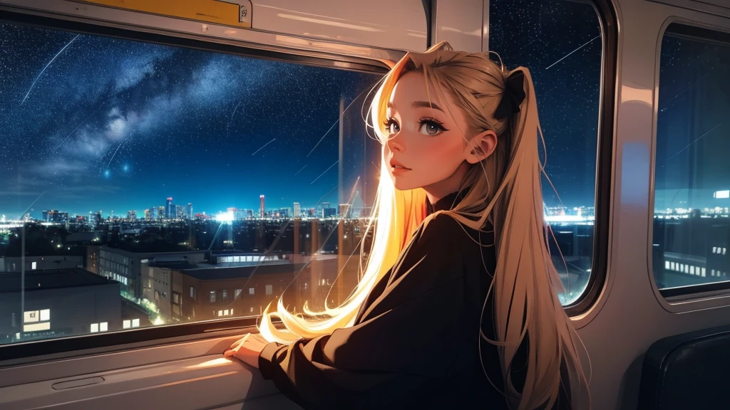 train,  sitting by the window,  pose pensives, Look at the stars, Head glued to the glass, Landscape passing by at high speed, voyage de nuit, Beautiful Starry Sky, Une belle fille avec, UHD Portrait, (High quality) (ultra details) Regarder le spectateur en tenue de ville de style hip-hop; different, colourfull, colored  long hair 🌈