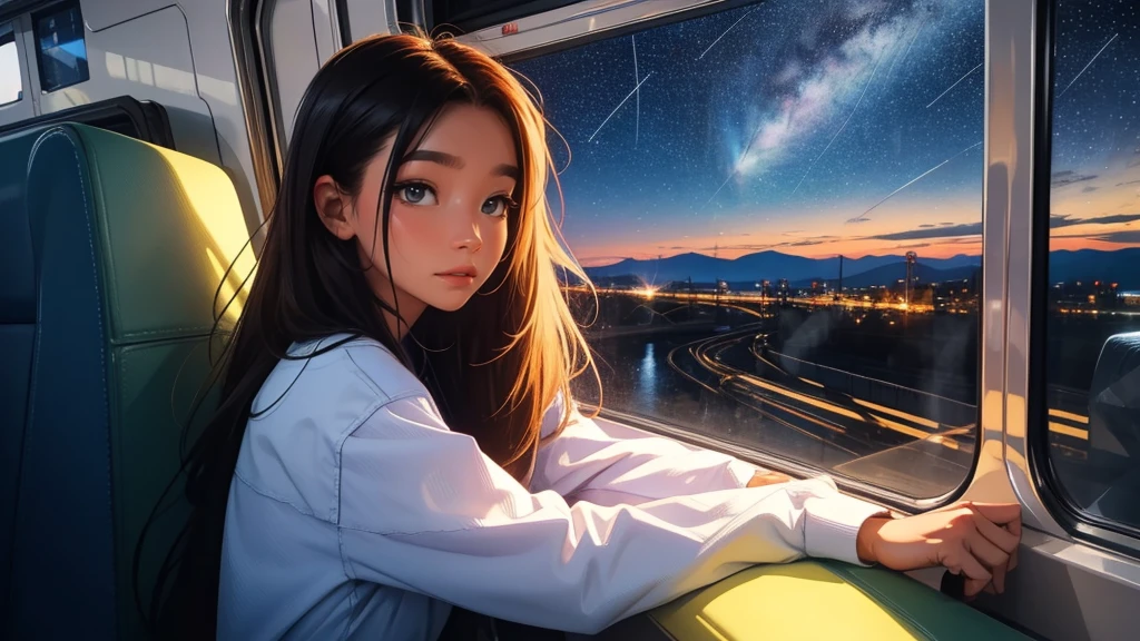 train,  sitting by the window,  pose pensives, Look at the stars, Head glued to the glass, Landscape passing by at high speed, voyage de nuit, Beautiful Starry Sky, Une belle fille avec, UHD Portrait, (High quality) (ultra details) Regarder le spectateur en tenue de ville de style hip-hop; different, colourfull, colored  long hair 🌈