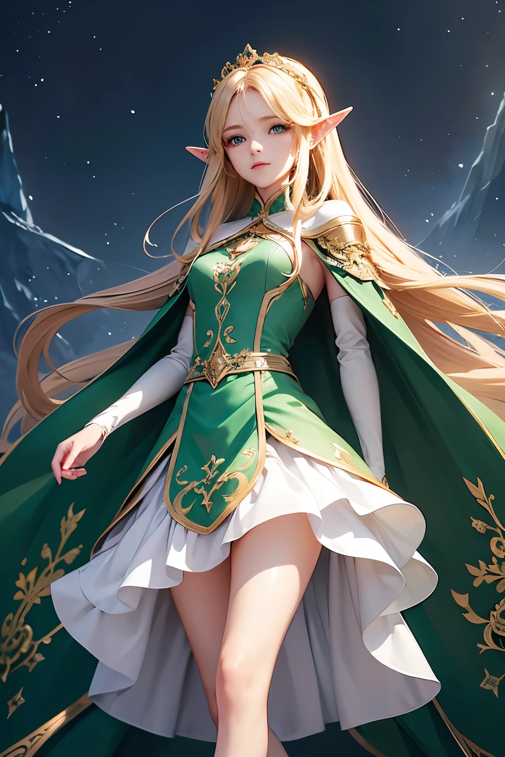 masterpiece,Highest quality,Very detailed,Elf Beautiful Girl,Long blonde hair,Very beautiful and detailed eyes,Thin legs,Long skirt, underweight,Small breasts,Peppermint Green Dress,Luxurious cape,palace