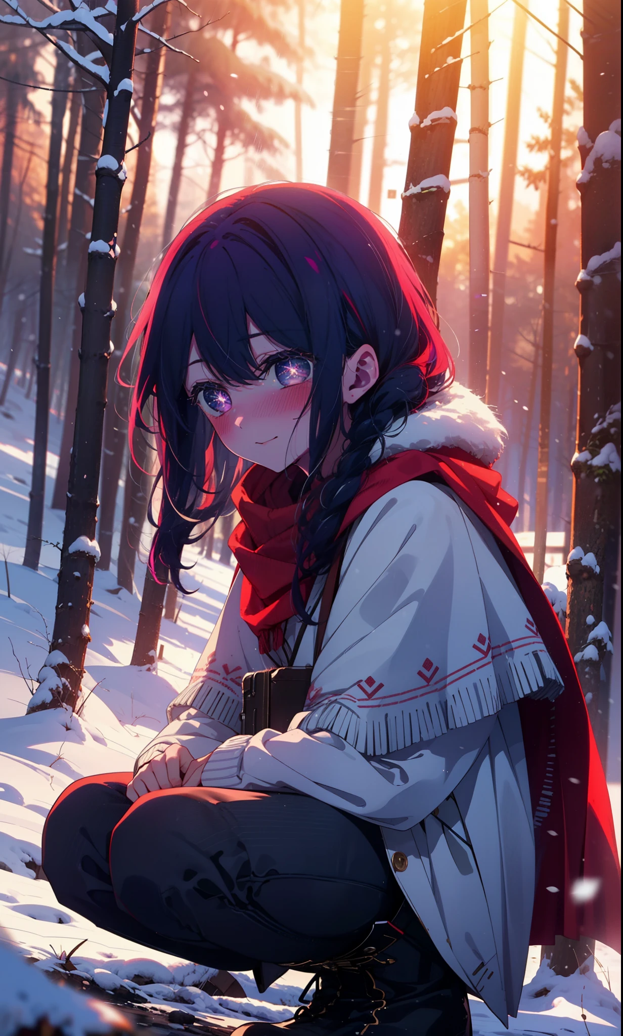 aihoshino, Ai Hoshino, Long Hair, bangs, (Purple eyes:1.1), Purple Hair, (Symbol-shaped pupil:1.5), smile,,smile,blush,White Breath,
Open your mouth,snow,Ground bonfire, Outdoor, boots, snowing, From the side, wood, suitcase, Cape, Blurred, , forest, White handbag, nature, Squat, Mouth closed, Cape, winter, Written boundary depth, Black shoes, red Cape break looking at viewer, Upper Body, whole body, break Outdoor, forest, nature, break (masterpiece:1.2), Highest quality, High resolution, unity 8k wallpaper, (shape:0.8), (Beautiful and beautiful eyes:1.6), Highly detailed face, Perfect lighting, Extremely detailed CG, (Perfect hands, Perfect ???????),