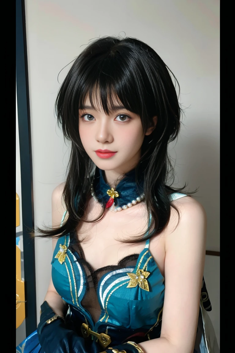 best quality, tmasterpiece,Ultra-high resolution,Clear face,（Reality：1.4），ferpect lighting，(upper body photo1.3), (photorealistic:1.50), anime wallpaper, Guviz style artwork, cover-up fantasy up to magic , by Yang J, Guviz, beautiful artwork illustration, beautiful digital artwork, beautiful digital illustration, Li Song, beautiful anime portrait, art style in Beauvot, 1girl, 独奏, looking at viewer, smiling, closed mouth, bangs, hair between eyes, RUANMEI cosplay costume, chinese dress, chinese clothing, cosplay, RUANMEI, dress, gloves, elbow gloves, hair decoration, jewelry, high heels, indoor, In the room, Hallway, Door, standing, Selfie pose, Glass, Blue lighting lights,