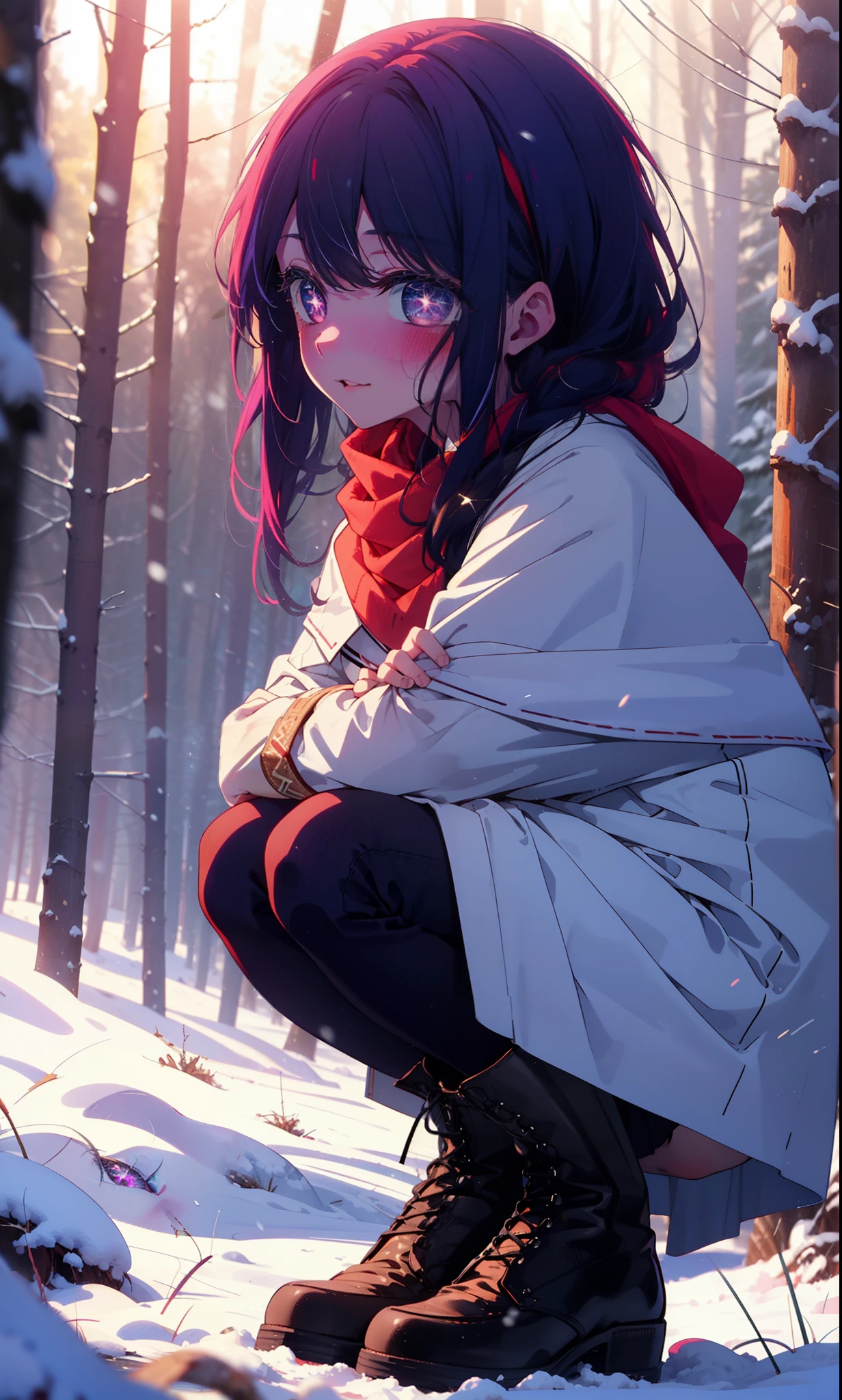 aihoshino, Ai Hoshino, Long Hair, bangs, (Purple eyes:1.1), Purple Hair, (Symbol-shaped pupil:1.5), smile,,smile,blush,White Breath,
Open your mouth,snow,Ground bonfire, Outdoor, boots, snowing, From the side, wood, suitcase, Cape, Blurred, , forest, White handbag, nature,  Squat, Mouth closed, Cape, winter, Written boundary depth, Black shoes, red Cape break looking at viewer, Upper Body, whole body, break Outdoor, forest, nature, break (masterpiece:1.2), Highest quality, High resolution, unity 8k wallpaper, (shape:0.8), (Beautiful and beautiful eyes:1.6), Highly detailed face, Perfect lighting, Extremely detailed CG, (Perfect hands, Perfect Anatomy),