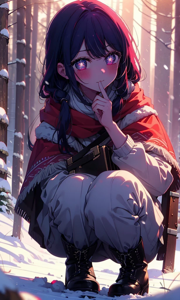 aihoshino, Ai Hoshino, Long Hair, bangs, (Purple eyes:1.1), Purple Hair, (Symbol-shaped pupil:1.5), smile,,smile,blush,White Breath,
Open your mouth,snow,Ground bonfire, Outdoor, boots, snowing, From the side, wood, suitcase, Cape, Blurred, , forest, White handbag, nature, Squat, Mouth closed, Cape, winter, Written boundary depth, Black shoes, red Cape break looking at viewer, Upper Body, whole body, break Outdoor, forest, nature, break (masterpiece:1.2), Highest quality, High resolution, unity 8k wallpaper, (shape:0.8), (Beautiful and beautiful eyes:1.6), Highly detailed face, Perfect lighting, Extremely detailed CG, (Perfect hands, Perfect Anatomy),