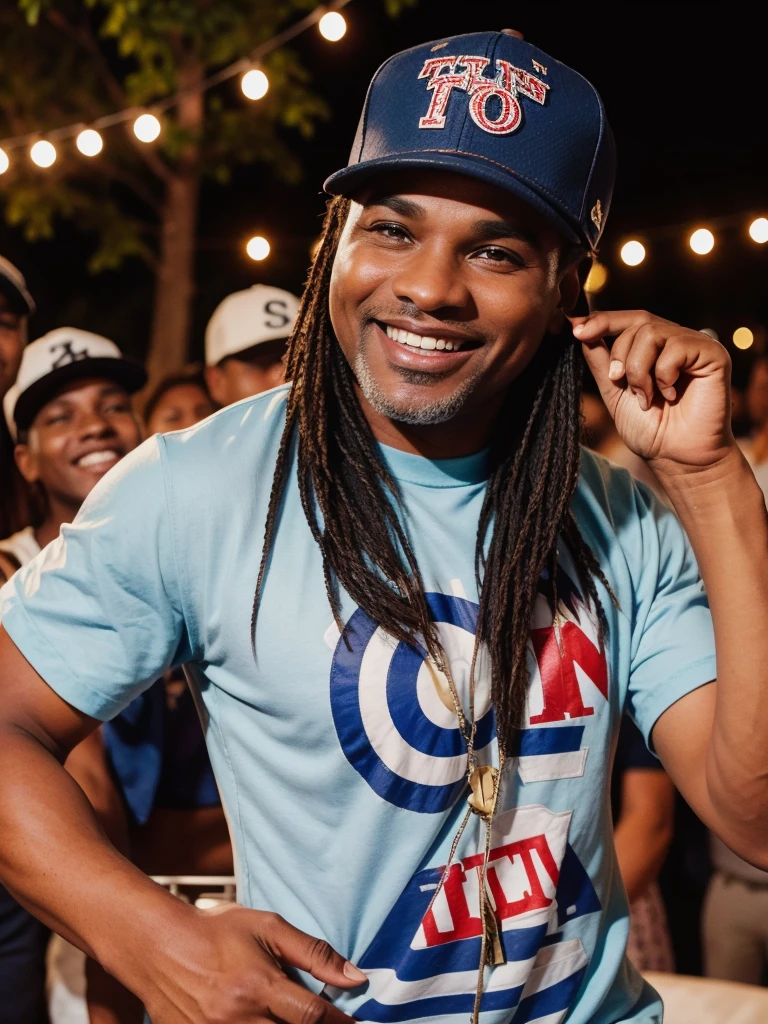 man of 40 years old, with cap, pop music singer, singing at an outdoor party with great joy, with many women.
