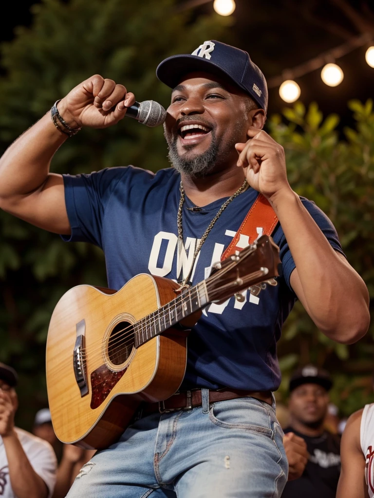 man of 40 years old, with cap, pop music singer, singing at an outdoor party with great joy, with many women.