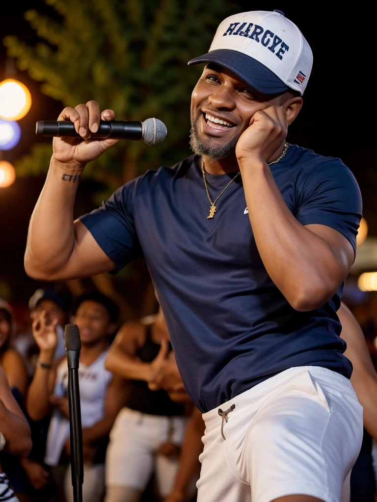 man of 40 years old, with cap, pop music singer, singing at an outdoor party with great joy, with many women.