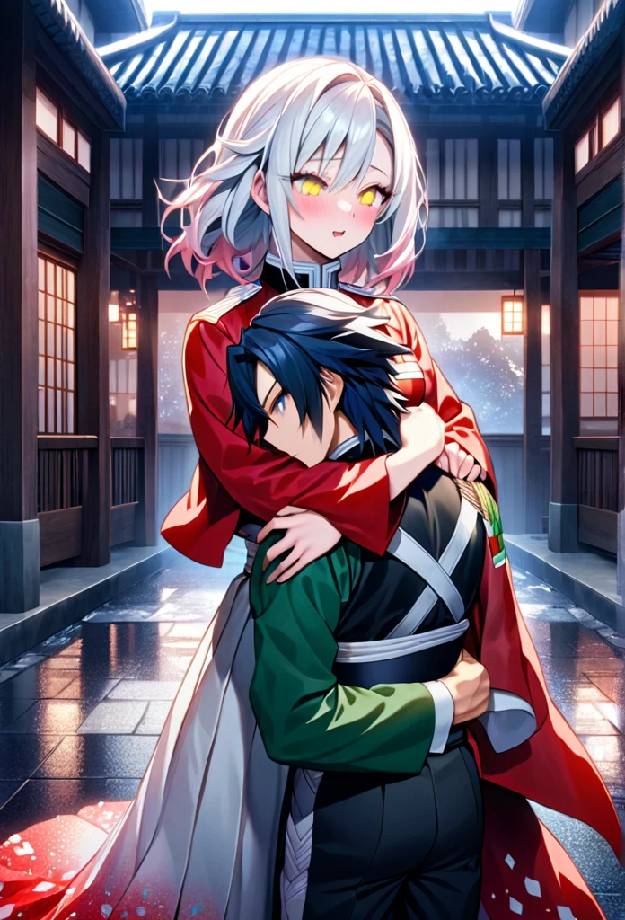 Ultra detailed, high resolution, absurd, HDR, masterpiece, anime girl and boy, beautiful woman (with long white hair with deep red streaks, girl (with yellow eyes), the girl (is wearing a red haori), using uniform of demon slayer corps, Kimetsu No Yaiba, fantasy, beautiful, Tomioka Giyu, Hashira, Tomioka is scared and shaking, couple, japonese city, almost night, best quality, extremely detailed face, anime, the girl is worried about Tomioka, she is trying to calm him down, hug, he is scared, Tomioka is a strong man