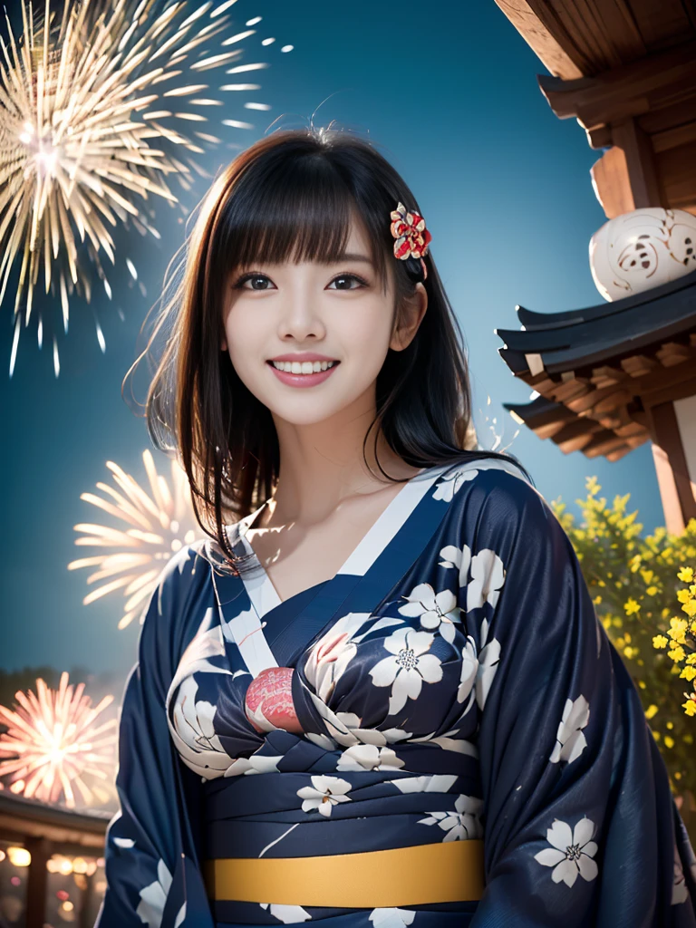 Highest quality、masterpiece、Ultra-high resolution、(Photorealistic:1.4)、RAW Photos、Detailed CG image quality、(Fireworks display:1.4)、Beautiful poop、One Girl、Japanese、21 years old、(blue eyes:1.2)、Pink lipstick、Laughter、(Black hair:1.4)、Updo Hair、White skin、(hair ornaments:1.4)、(Blue yukata:1.4)、Detailed portrait、8K quality、Concept Art、A dramatic, cinematic atmosphere、(Japanese Shrines:1.2)、(Japanese red and white lanterns:1.2)、Wind Chimes、(3 + woman: 1.4)、Sharp focus、Volumetric lighting、Cinema Lighting、Depth of written boundary、Ambient Lighting、Blurred foreground、Blurred Background:1.3、(8mm fisheye lens:1.4)、(Angle from directly below:1.4)、(The whole body is visible:1.4)、 information