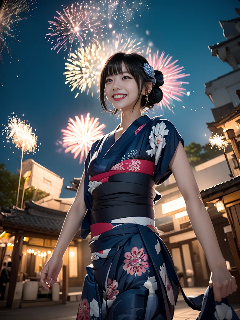 Highest quality、masterpiece、Ultra-high resolution、(Photorealistic:1.4)、RAW Photos、Detailed CG image quality、(Fireworks display:1.4)、Beautiful poop、One Girl、Japanese、21 years old、(blue eyes:1.2)、Pink lipstick、Laughter、(Black hair:1.4)、Updo Hair、White skin、(hair ornaments:1.4)、(Blue yukata:1.4)、Detailed portrait、8K quality、Concept Art、A dramatic, cinematic atmosphere、(Japanese Shrines:1.2)、(Japanese red and white lanterns:1.2)、Wind Chimes、(3 + woman: 1.4)、Sharp focus、Volumetric lighting、Cinema Lighting、Depth of written boundary、Ambient Lighting、Blurred foreground、Blurred Background:1.3、(8mm fisheye lens:1.4)、(Angle from directly below:1.4)、(The whole body is visible:1.4)、 information