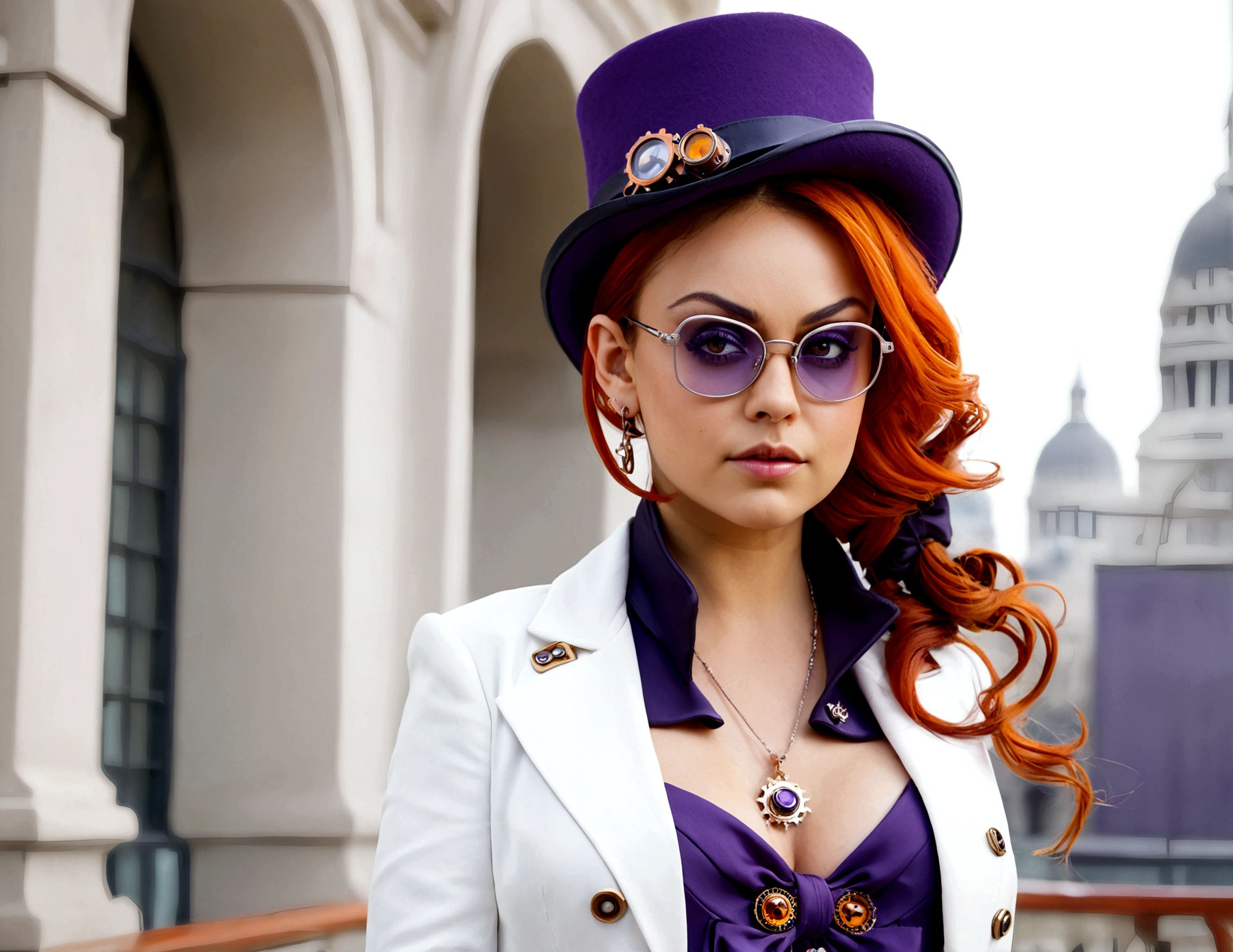 (Steampunk)1girl (Mila Kunis), solo, yorigami jo'on, orange hair, drill hair, eyewear on head, orange eyes, jewelry, bow, white dress, purple jacket, pendant, earrings, hat, standing, hand on hip, looking at viewer, one eye closed, smirk, outdoors, city