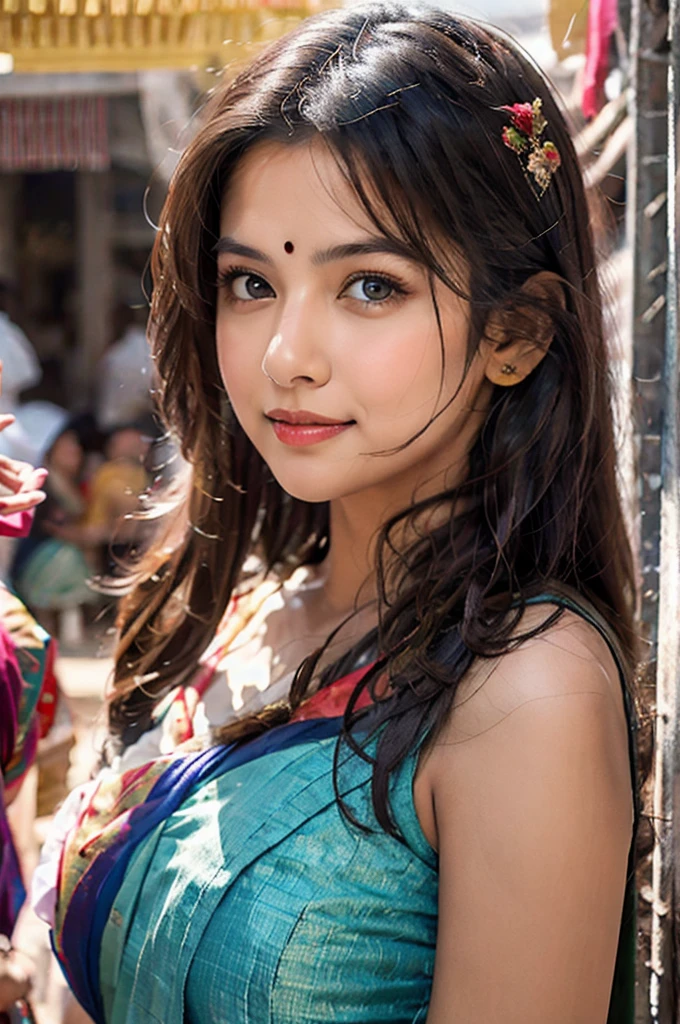 masterpiece, centered, 1 young Indian woman with a cute and radiant face, featuring exquisitely detailed eyes, expressing a mix of shyness and joy, dressed in vibrant traditional Indian attire. She has a slim figure and medium-sized breasts. Generate an 8k image, risbeauty indian,