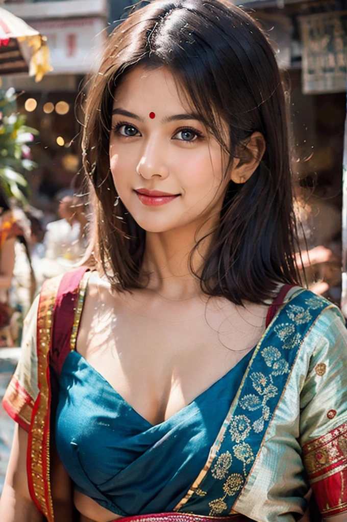 masterpiece, centered, ****ung Indian woman with a cute and radiant face, featuring exquisitely detailed eyes, expressing a mix of shyness and joy, dressed in vibrant traditional Indian attire. She has a slim figure and medium-sized breasts. Generate an 8k image, risbeauty indian,
