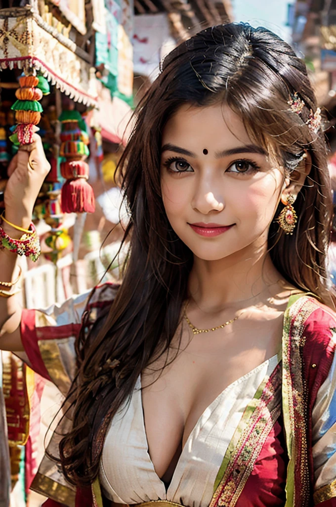 masterpiece, centered, ****ung Indian woman with a cute and radiant face, featuring exquisitely detailed eyes, expressing a mix of shyness and joy, dressed in vibrant traditional Indian attire. She has a slim figure and medium-sized breasts. Generate an 8k image, risbeauty indian,
