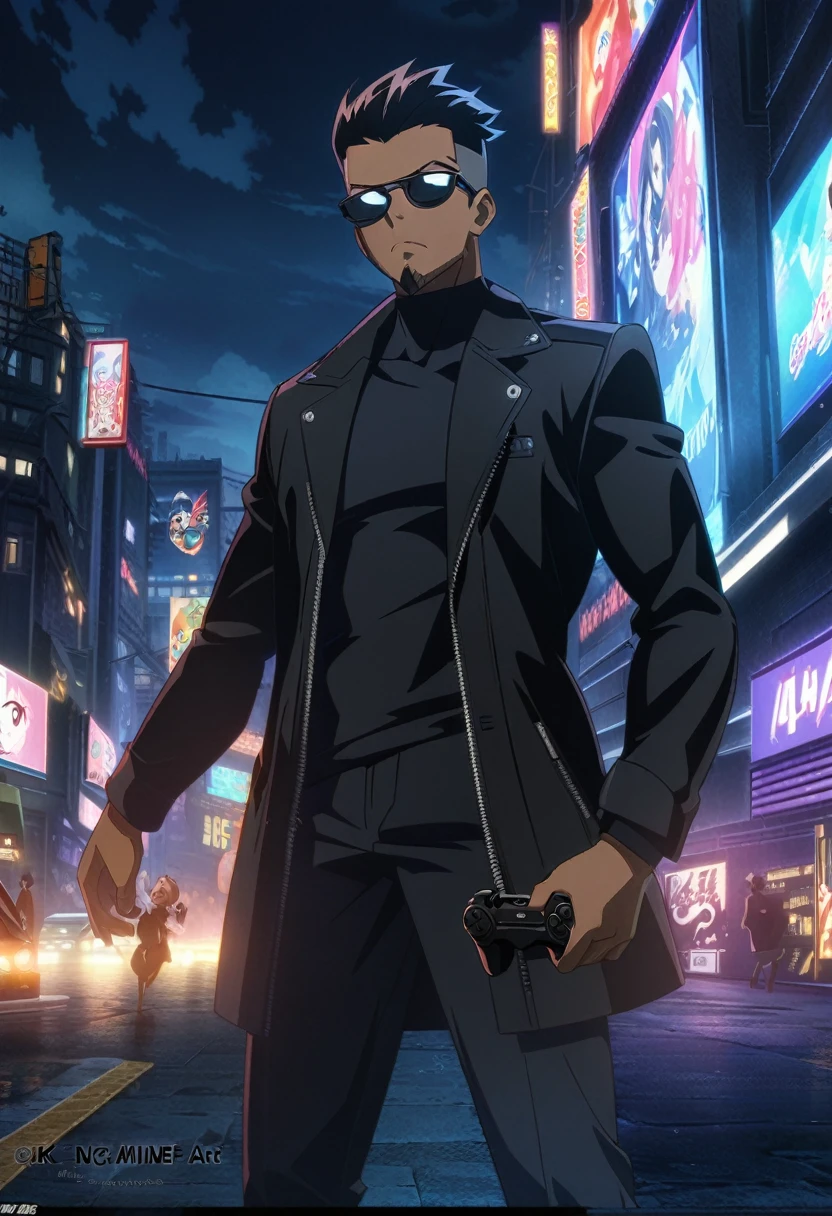 Dark-skinned man in black jacket and sunglasses standing on the street, undercut haircut, black hair, holding a controller, with black goatee, night, 8K anime badass, 4K anime wallpaper, 4K anime style, wallpaper 8K anime art wallpaper, 4K anime wallpaper, 4K anime wallpaper, 4K cartoon wallpaper, best 4K anime Konachan Wallpaper 4K Konachan Wallpaper, 4K Anime Art Wallpaper , 4K Anime Art Wallpaper