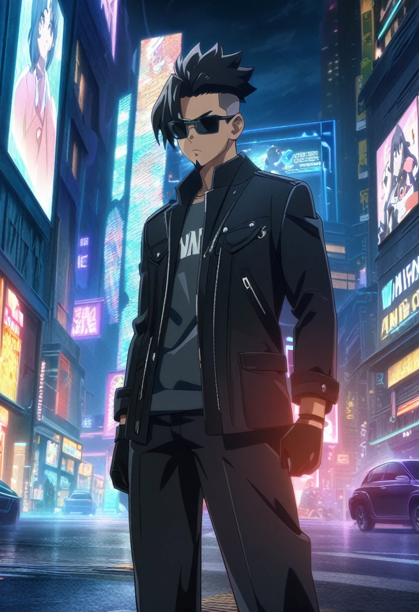 Dark-skinned man in black jacket and sunglasses standing on the street, undercut haircut, black hair, holding a controller, with black goatee, night, 8K anime badass, 4K anime wallpaper, 4K anime style, wallpaper 8K anime art wallpaper, 4K anime wallpaper, 4K anime wallpaper, 4K cartoon wallpaper, best 4K anime Konachan Wallpaper 4K Konachan Wallpaper, 4K Anime Art Wallpaper , 4K Anime Art Wallpaper