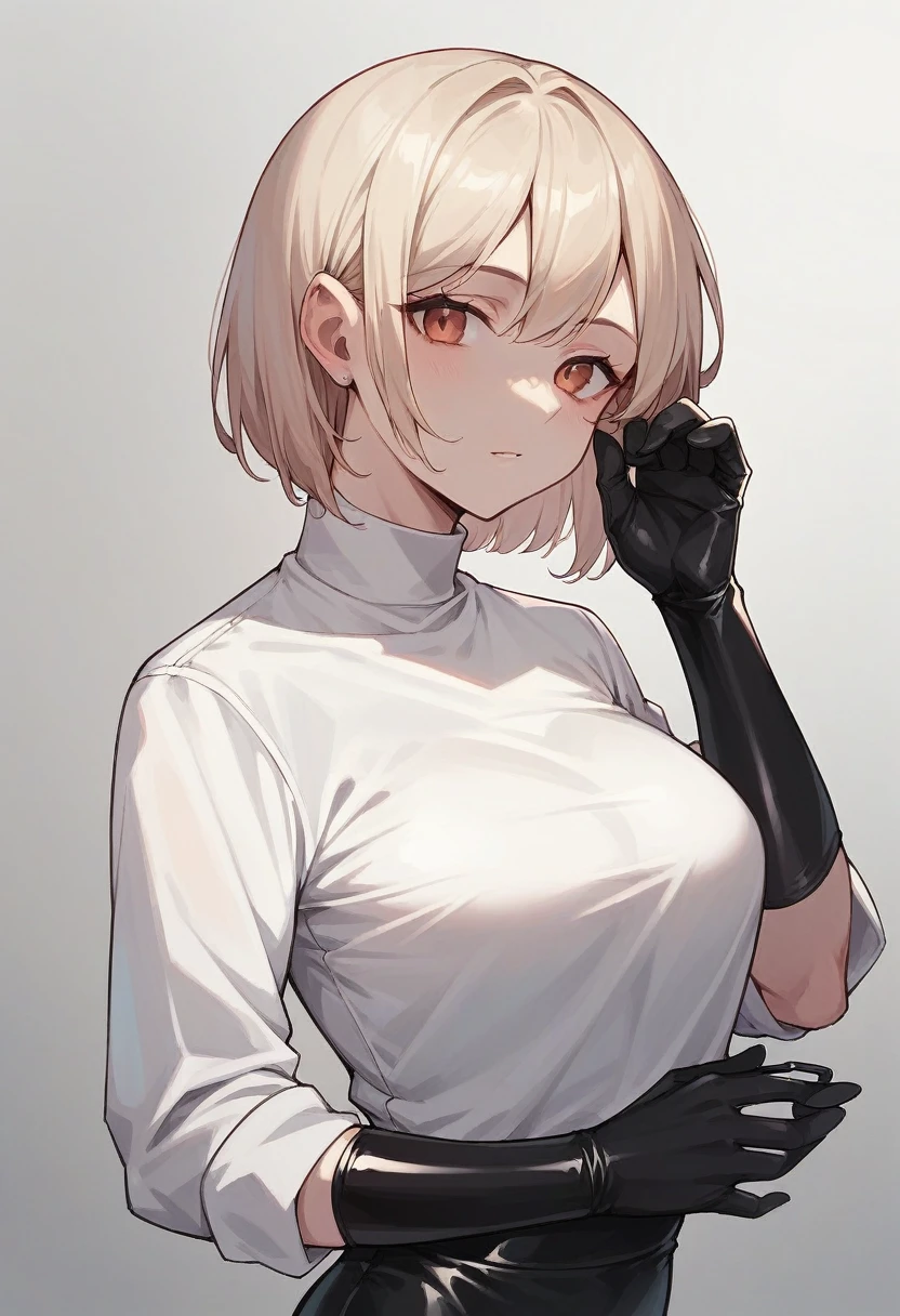 1girl, light hair, ((black elbow gloves)), ((surgical gloves)), ((latex gloves)), ((long sleeves)) ((white shirt)), looking at viewer, standing, solo