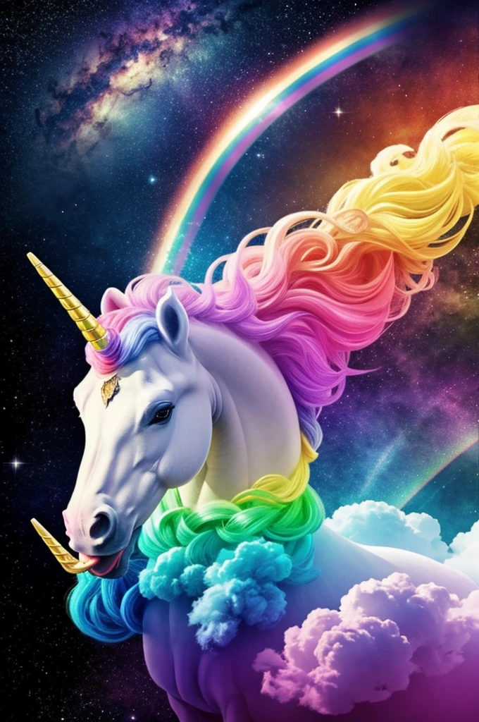 A unicorn in space with a rainbow behind and eating a piece of rainbow 